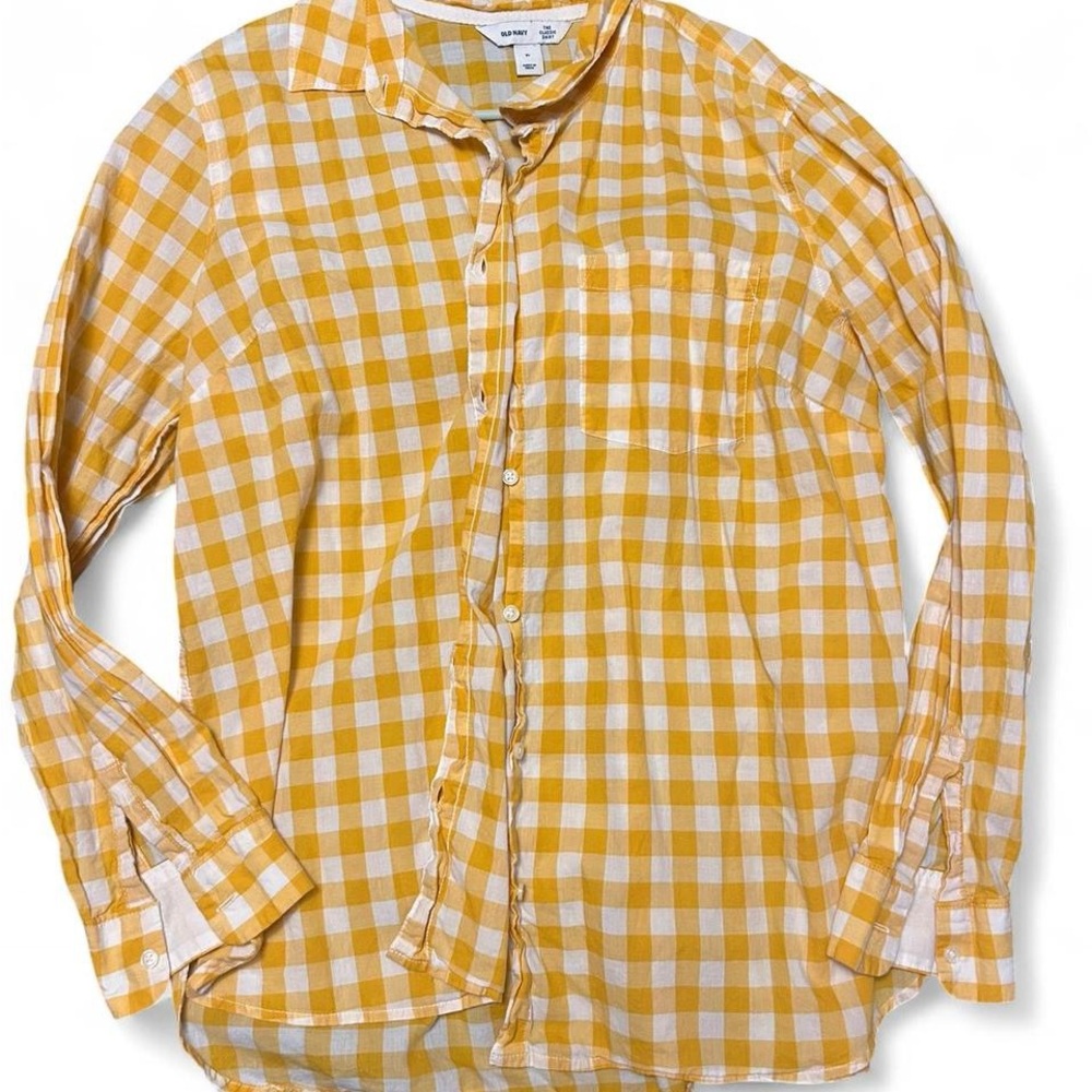 Old Navy Women's Yellow and White Checkered Button Down Shirt